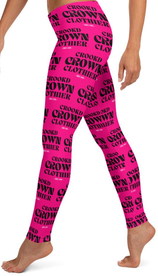 Crookd Crown Print Active Wear Leggings - Hot Pink and Black left