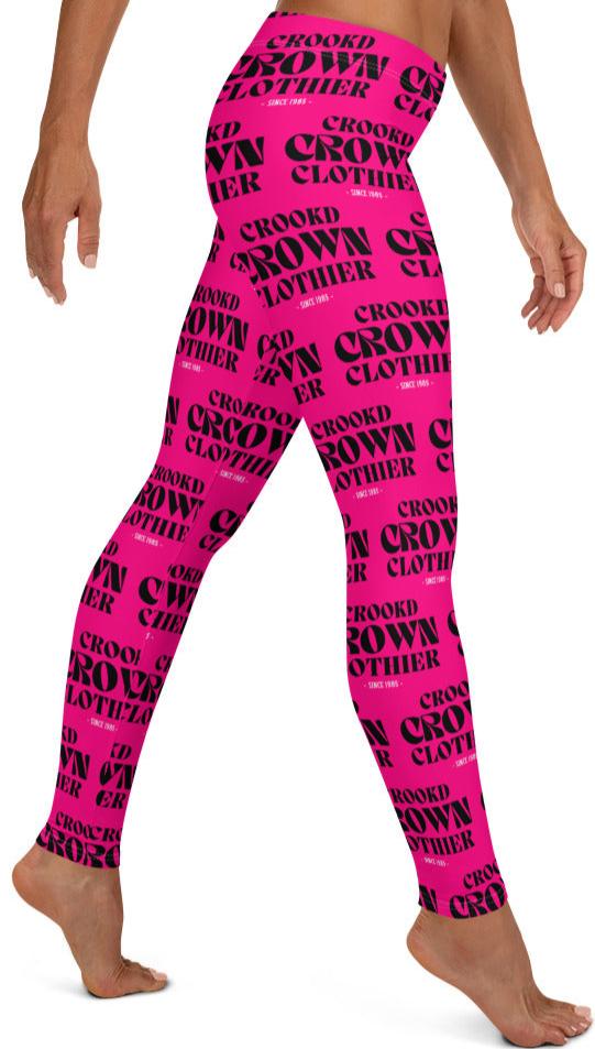 Crookd Crown Print Active Wear Leggings - Hot Pink and Black right